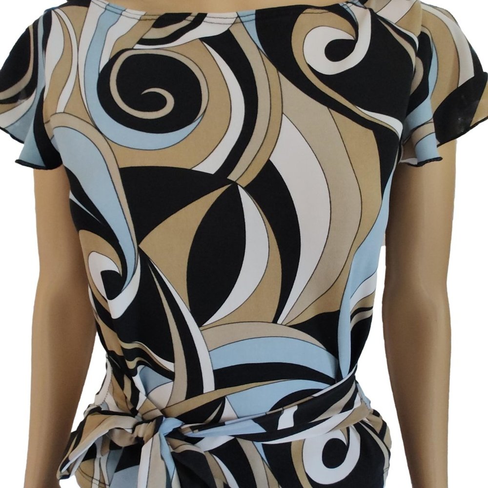 Abstract Multicolor Ruffle Belted Top M - Picture 2 of 12
